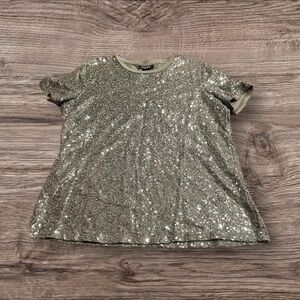DKNY Women’s Short Sleeve Sequin T-Shirt Tee Gray Green Size Large Holiday Party